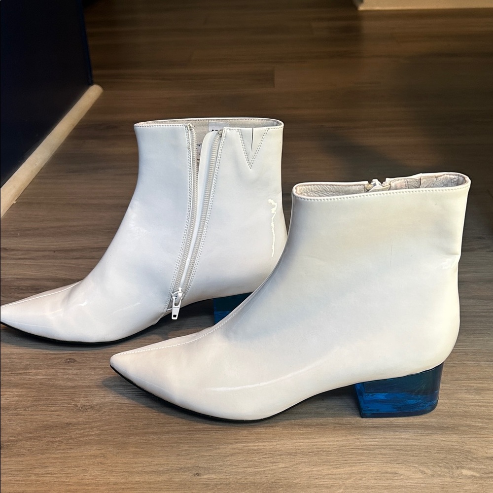 White Ankle Boots with Blue Heel